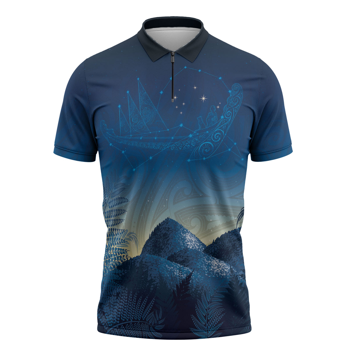 New Zealand Matariki Zipper Polo Shirt Maori Waka With Silver Fern LT05 Navy - Polynesian Pride