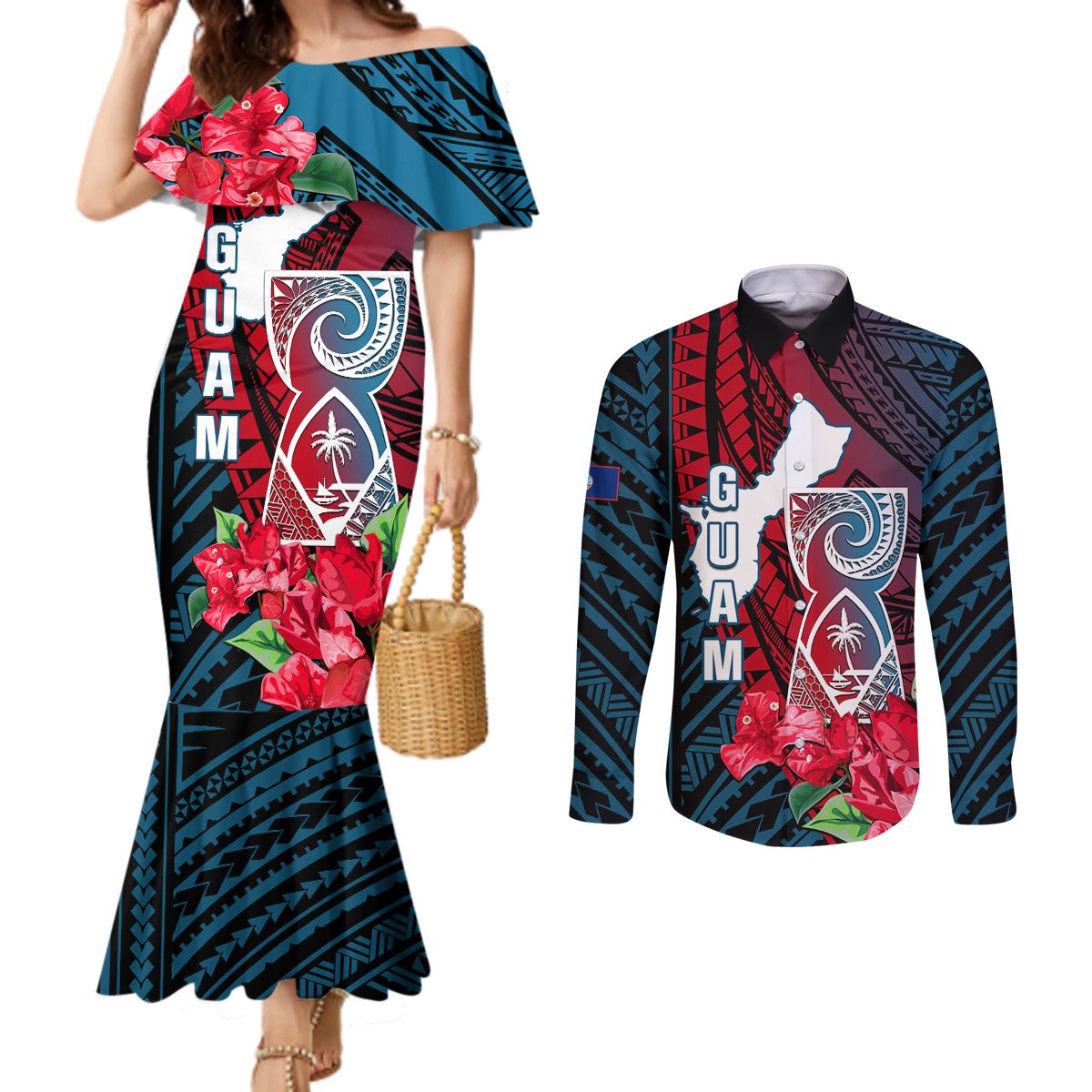 Personalized Guam Couples Matching Mermaid Dress and Long Sleeve Button Shirts Latte Stone Mix Bougainvillea Polynesian Pattern LT05 Blue - Polynesian Pride