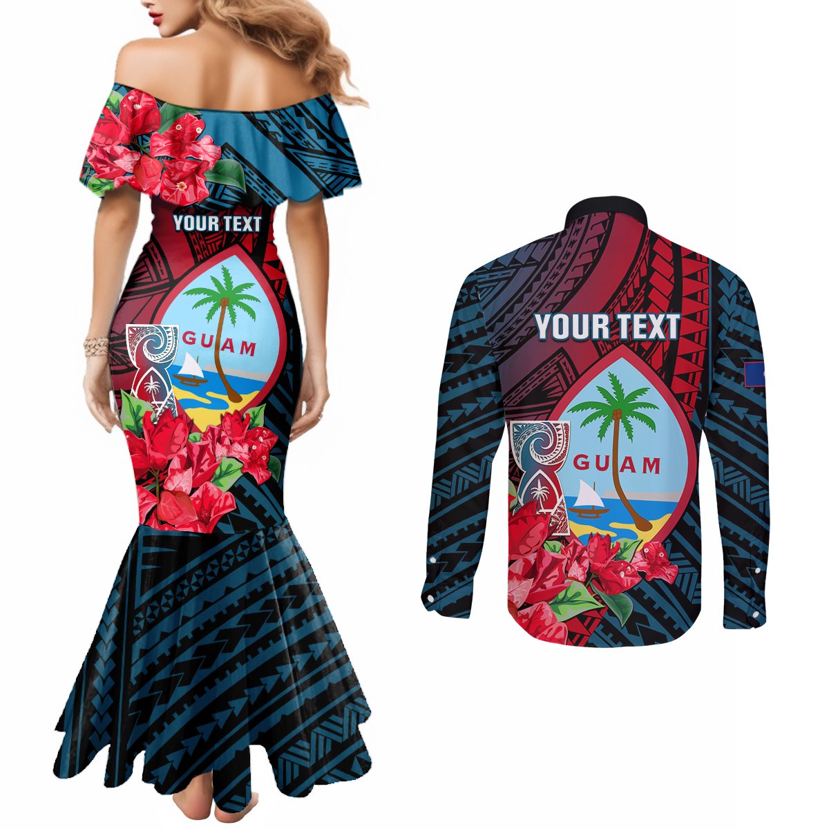 Personalized Guam Couples Matching Mermaid Dress and Long Sleeve Button Shirts Latte Stone Mix Bougainvillea Polynesian Pattern LT05 - Polynesian Pride