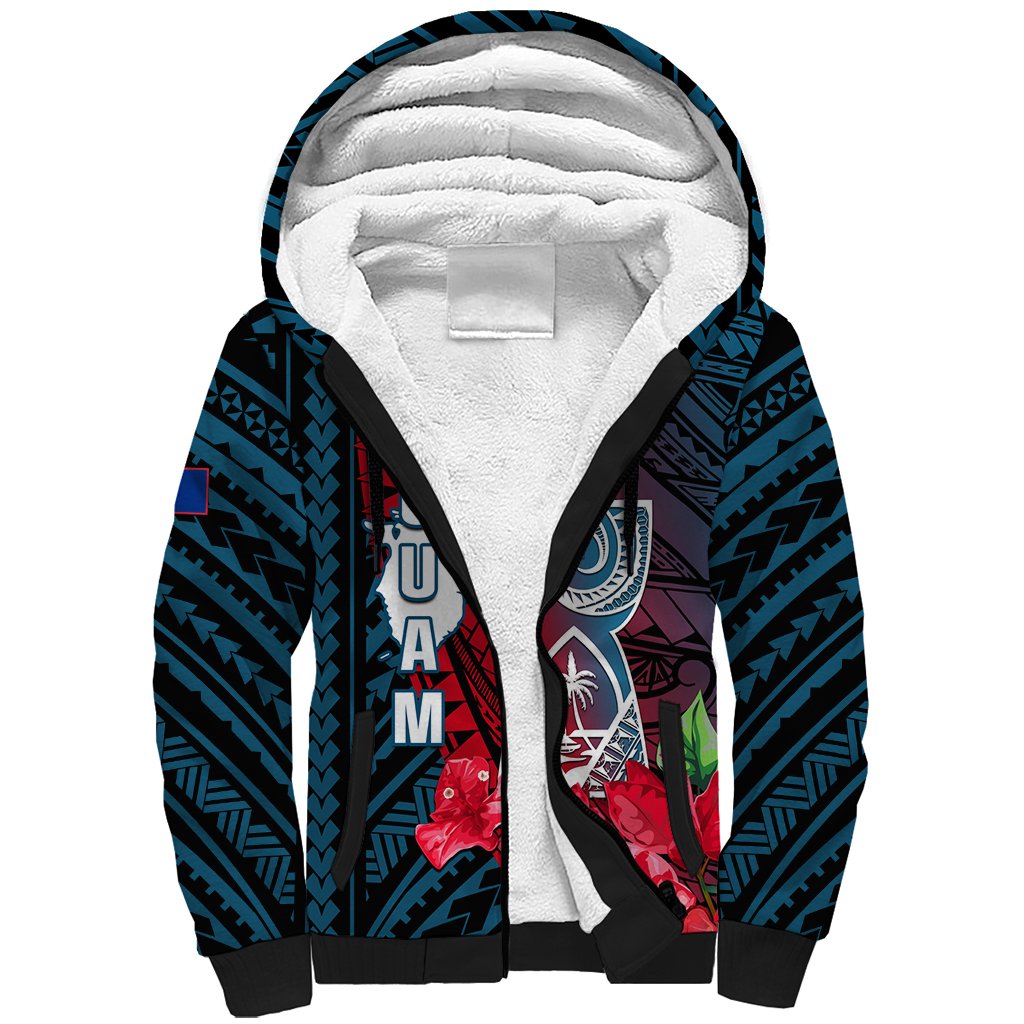 Personalized Guam Sherpa Hoodie Latte Stone Mix Bougainvillea Polynesian Pattern LT05 Unisex Blue - Polynesian Pride