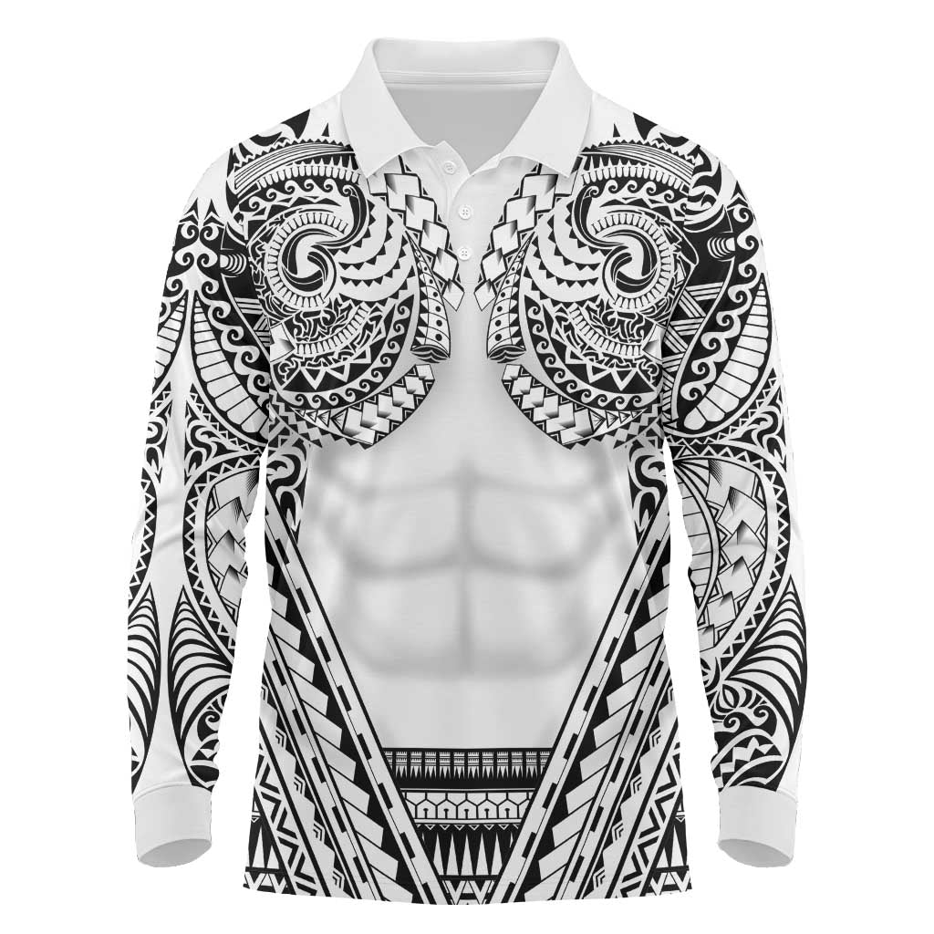 Polynesian Tattoo Inspired Cosplay Costume Long Sleeve Polo Shirt Tribal Warrior White LT05 White - Polynesian Pride