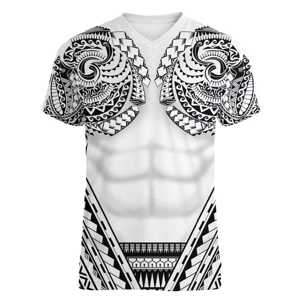 Polynesian Tattoo Inspired Cosplay Costume Women V-Neck T-Shirt Tribal Warrior White LT05 Female White - Polynesian Pride