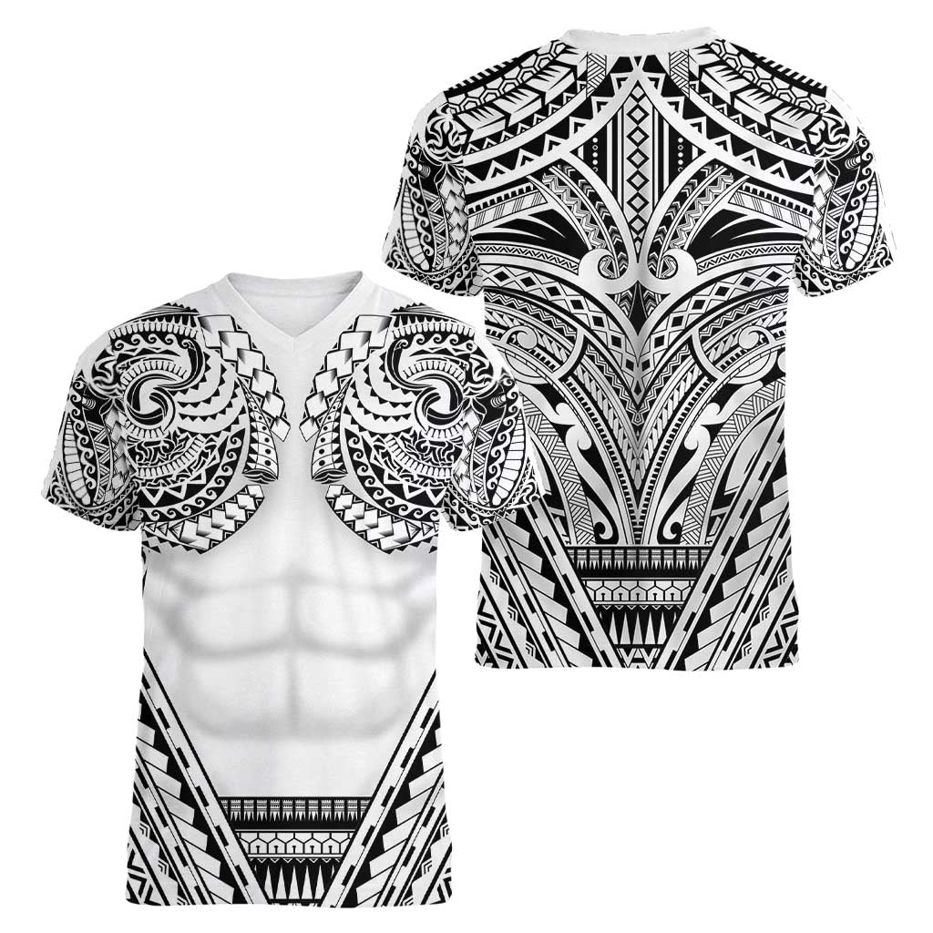 Polynesian Tattoo Inspired Cosplay Costume Women V-Neck T-Shirt Tribal Warrior White LT05 - Polynesian Pride