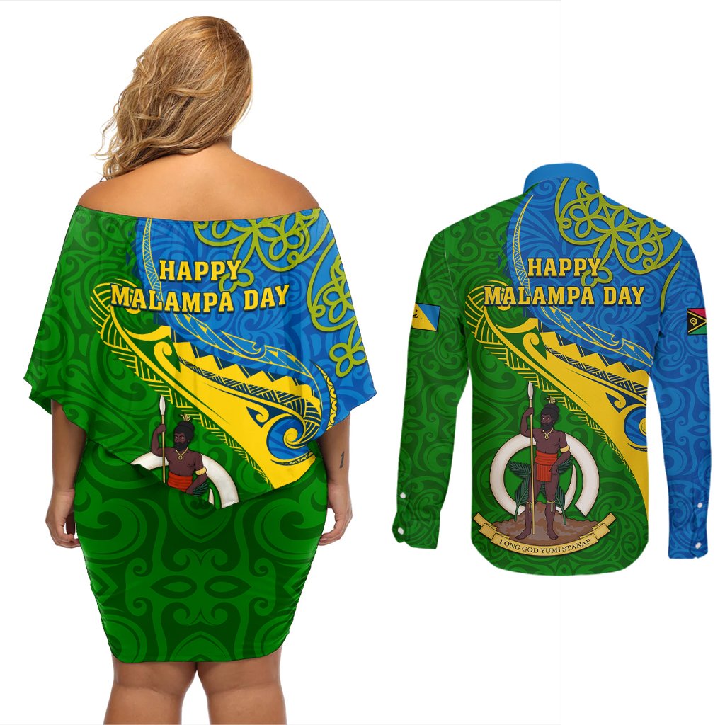 malampa-day-couples-matching-off-shoulder-short-dress-and-long-sleeve-button-shirts-sand-drawing-vanuatuan-pattern