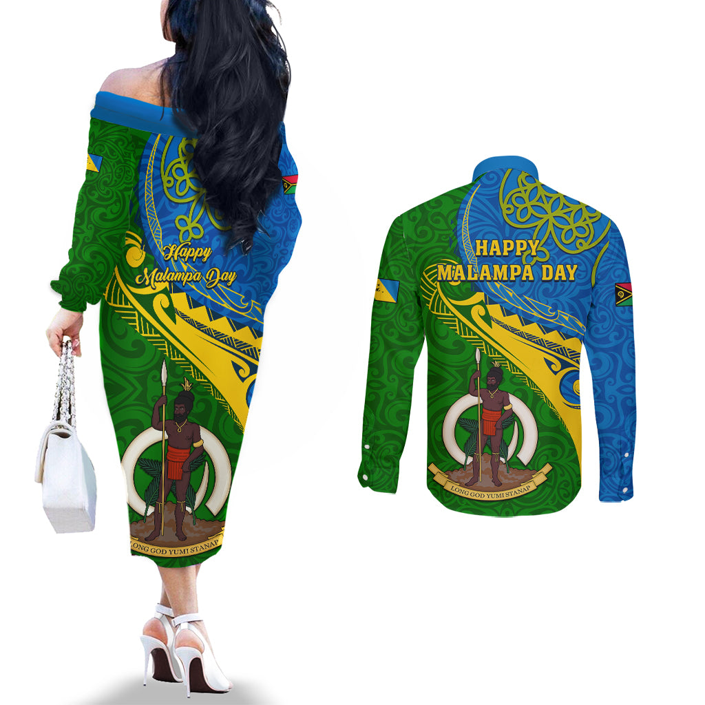 malampa-day-couples-matching-off-the-shoulder-long-sleeve-dress-and-long-sleeve-button-shirts-sand-drawing-vanuatuan-pattern