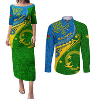 malampa-day-couples-matching-puletasi-dress-and-long-sleeve-button-shirts-sand-drawing-vanuatuan-pattern