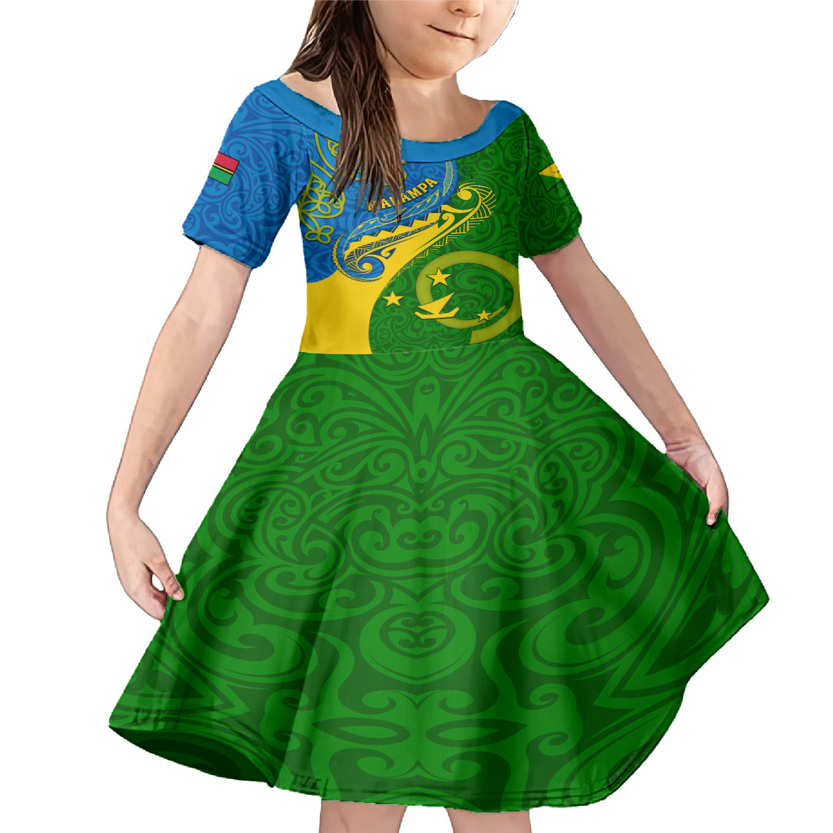 Malampa Day Family Matching Mermaid Dress and Hawaiian Shirt Sand Drawing Vanuatuan Pattern LT05 Daughter's Dress Green - Polynesian Pride