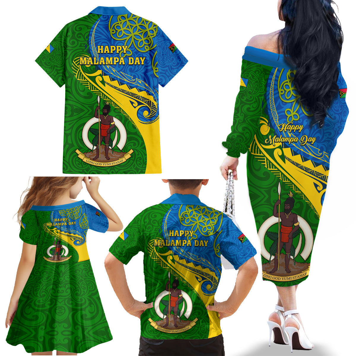 Malampa Day Family Matching Off Shoulder Long Sleeve Dress and Hawaiian Shirt Sand Drawing Vanuatuan Pattern LT05 - Polynesian Pride