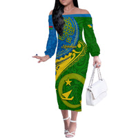 Malampa Day Family Matching Off Shoulder Long Sleeve Dress and Hawaiian Shirt Sand Drawing Vanuatuan Pattern LT05 Mom's Dress Green - Polynesian Pride