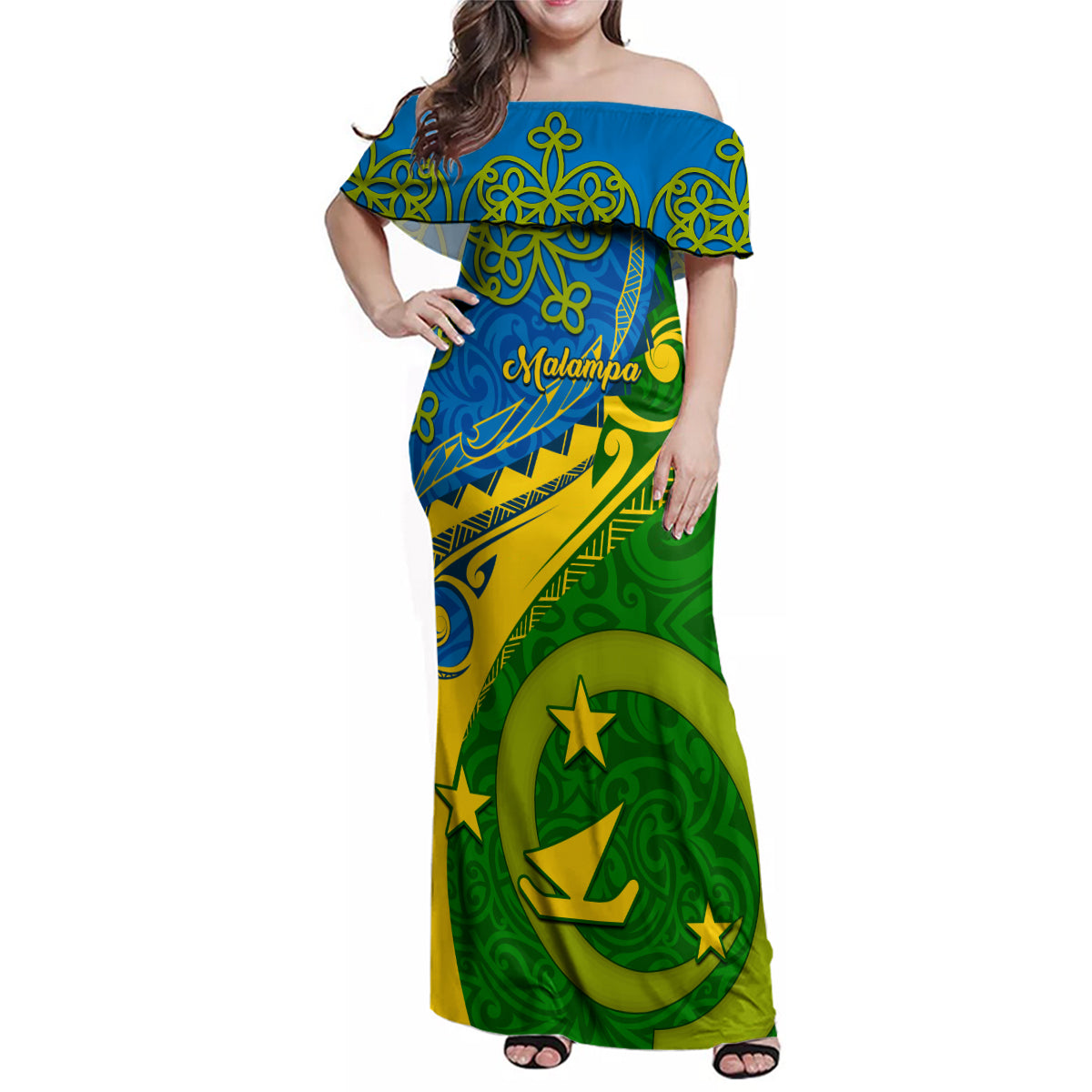 Malampa Day Family Matching Off Shoulder Maxi Dress and Hawaiian Shirt Sand Drawing Vanuatuan Pattern LT05 Mom's Dress Green - Polynesian Pride