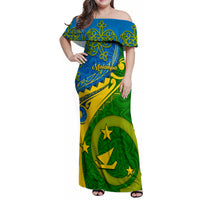 Malampa Day Family Matching Off Shoulder Maxi Dress and Hawaiian Shirt Sand Drawing Vanuatuan Pattern LT05 Mom's Dress Green - Polynesian Pride