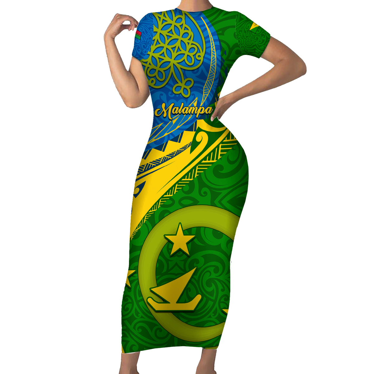 Malampa Day Family Matching Short Sleeve Bodycon Dress and Hawaiian Shirt Sand Drawing Vanuatuan Pattern LT05 Mom's Dress Green - Polynesian Pride