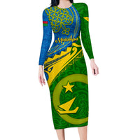 Malampa Day Long Sleeve Bodycon Dress Sand Drawing Vanuatuan Pattern LT05 Long Dress Green - Polynesian Pride