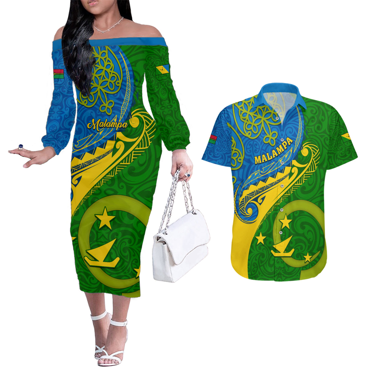 personalized-malampa-day-couples-matching-off-the-shoulder-long-sleeve-dress-and-hawaiian-shirt-sand-drawing-vanuatuan-pattern