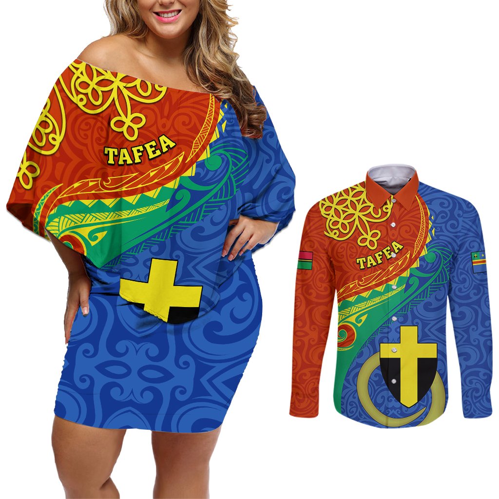 tafea-day-couples-matching-off-shoulder-short-dress-and-long-sleeve-button-shirts-sand-drawing-vanuatuan-pattern