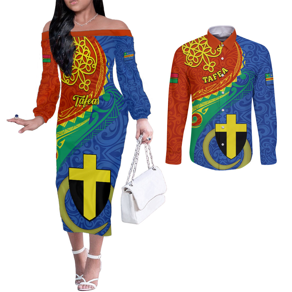 tafea-day-couples-matching-off-the-shoulder-long-sleeve-dress-and-long-sleeve-button-shirts-sand-drawing-vanuatuan-pattern