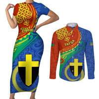 tafea-day-couples-matching-short-sleeve-bodycon-dress-and-long-sleeve-button-shirts-sand-drawing-vanuatuan-pattern