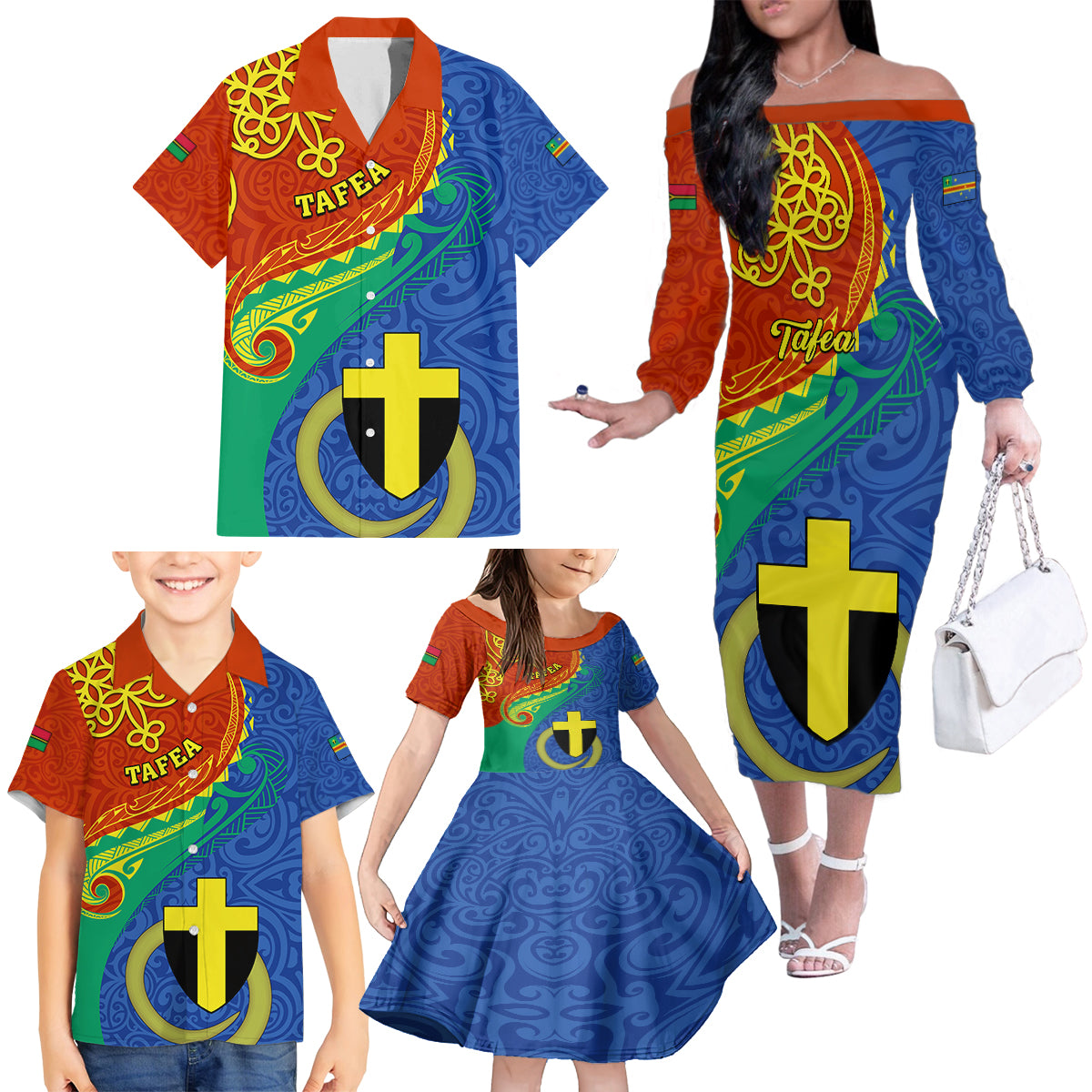 Tafea Day Family Matching Off Shoulder Long Sleeve Dress and Hawaiian Shirt Sand Drawing Vanuatuan Pattern LT05 - Polynesian Pride