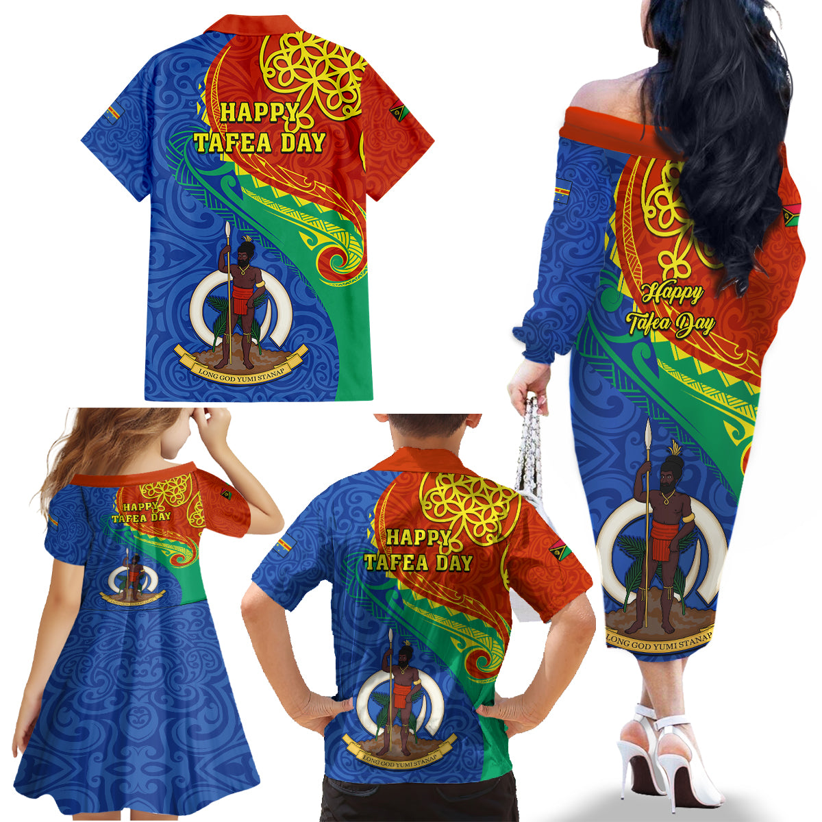 Tafea Day Family Matching Off Shoulder Long Sleeve Dress and Hawaiian Shirt Sand Drawing Vanuatuan Pattern LT05 - Polynesian Pride