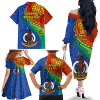 Tafea Day Family Matching Off Shoulder Long Sleeve Dress and Hawaiian Shirt Sand Drawing Vanuatuan Pattern LT05 - Polynesian Pride