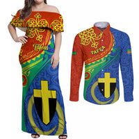 personalized-tafea-day-couples-matching-off-shoulder-maxi-dress-and-long-sleeve-button-shirts-sand-drawing-vanuatuan-pattern