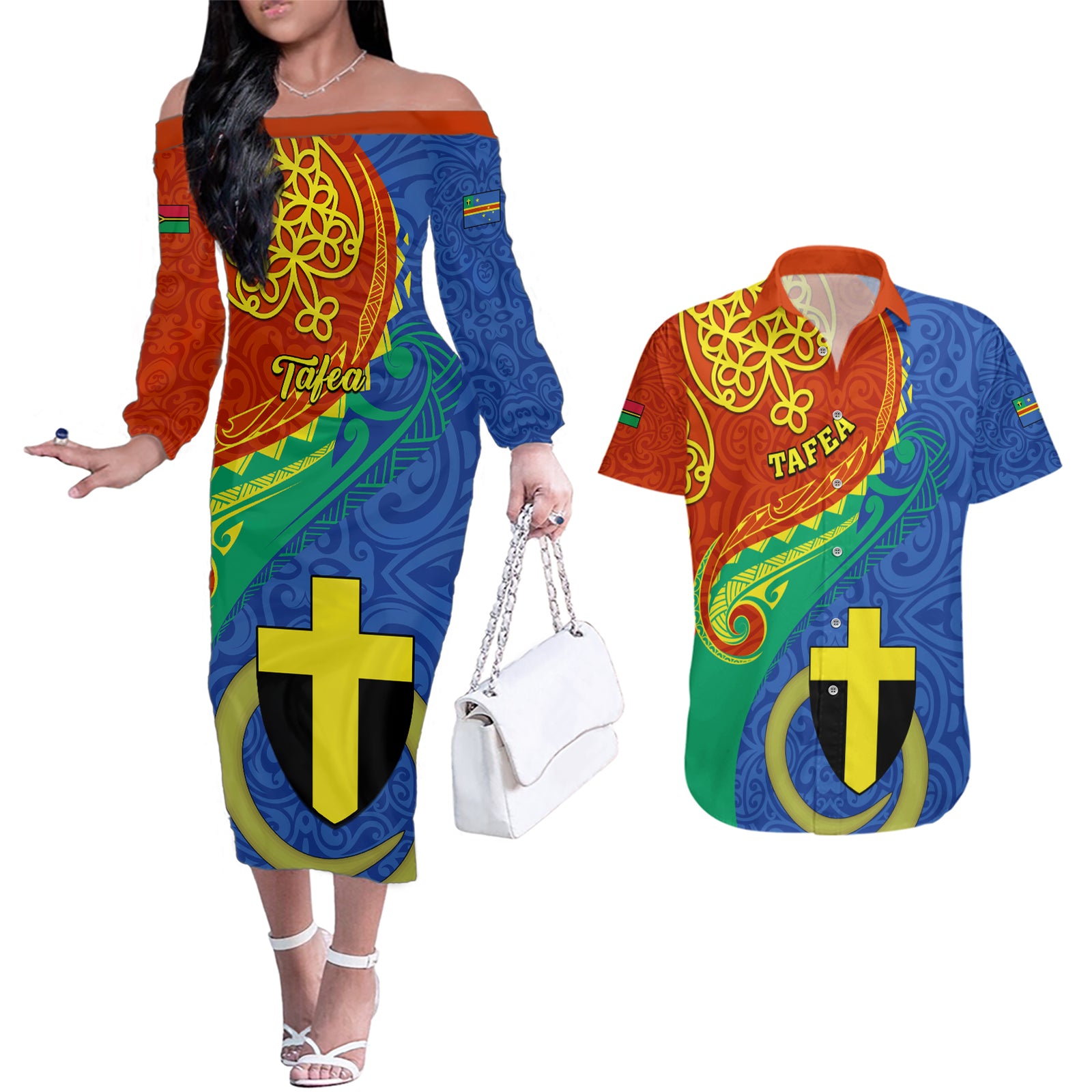 personalized-tafea-day-couples-matching-off-the-shoulder-long-sleeve-dress-and-hawaiian-shirt-sand-drawing-vanuatuan-pattern