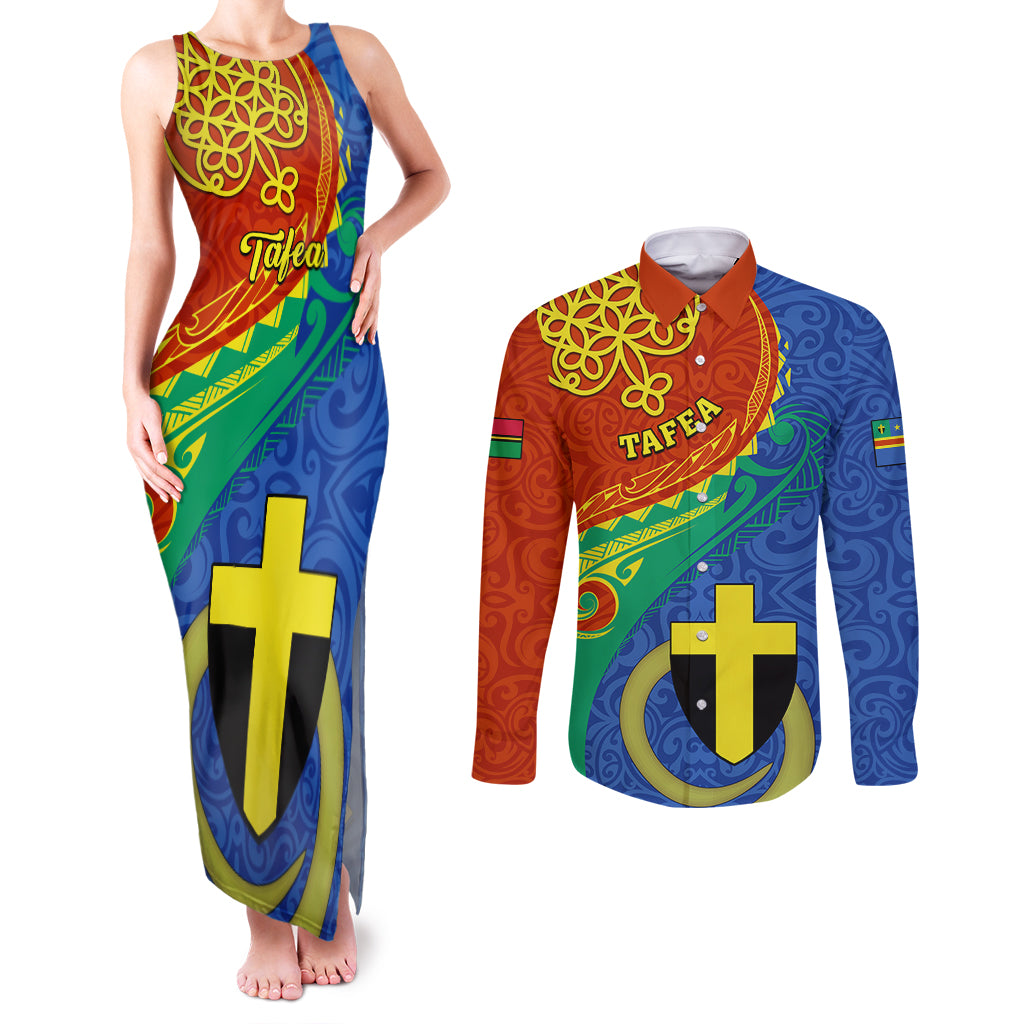personalized-tafea-day-couples-matching-tank-maxi-dress-and-long-sleeve-button-shirts-sand-drawing-vanuatuan-pattern
