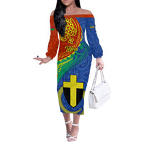 Personalized Tafea Day Off The Shoulder Long Sleeve Dress Sand Drawing Vanuatuan Pattern LT05 Women Blue - Polynesian Pride