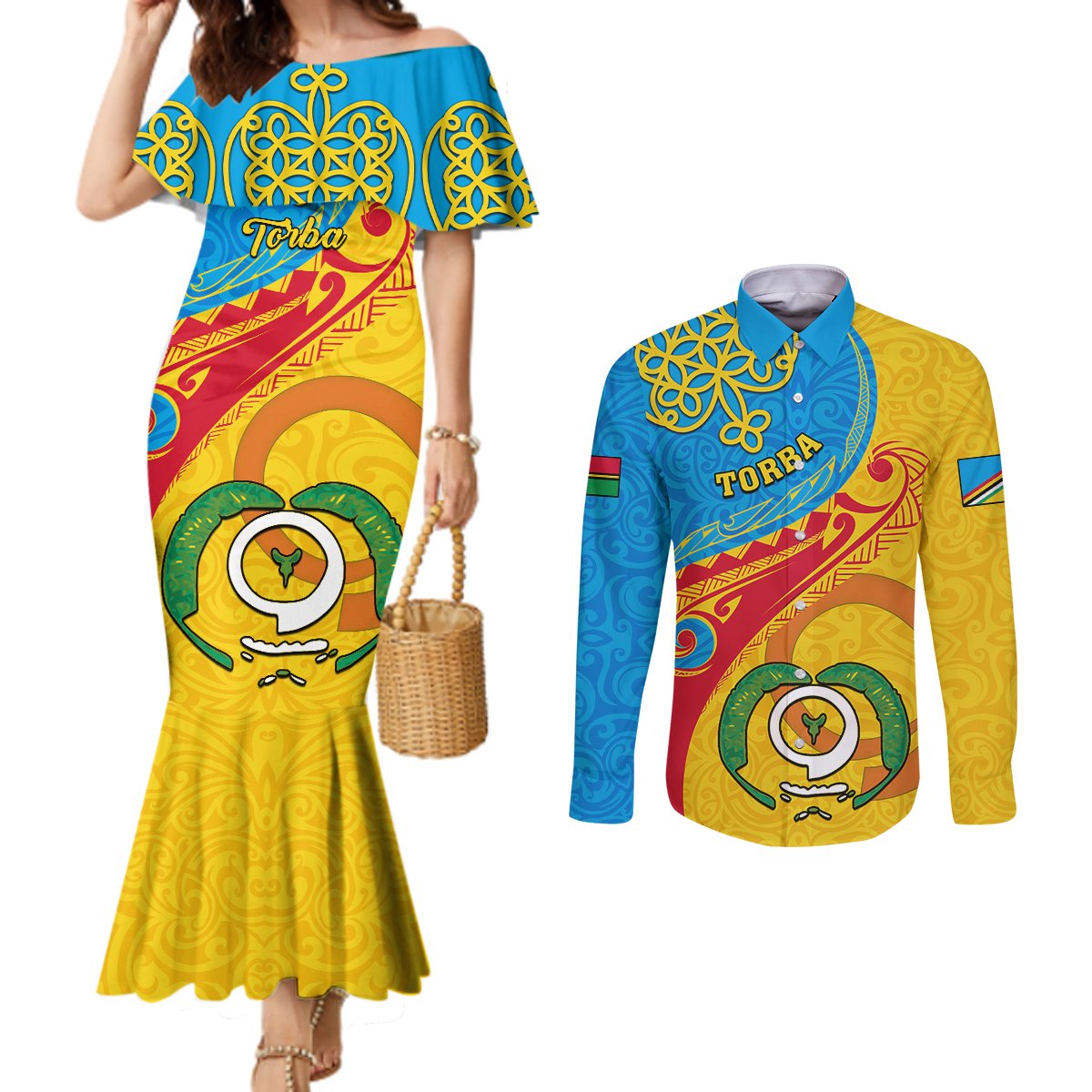 torba-day-couples-matching-mermaid-dress-and-long-sleeve-button-shirts-sand-drawing-vanuatuan-pattern