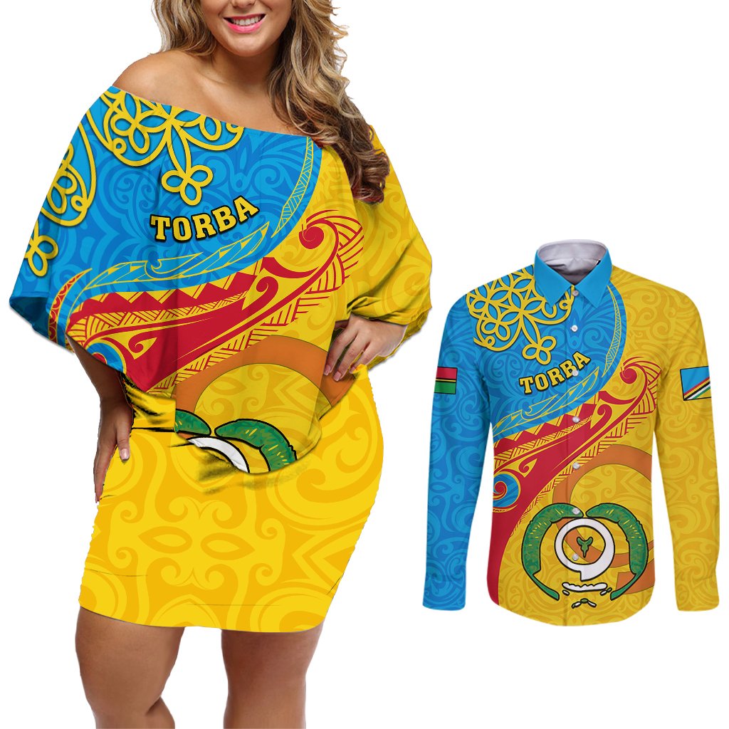 torba-day-couples-matching-off-shoulder-short-dress-and-long-sleeve-button-shirts-sand-drawing-vanuatuan-pattern