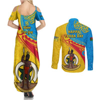 Torba Day Couples Matching Summer Maxi Dress and Long Sleeve Button Shirts Sand Drawing Vanuatuan Pattern LT05 - Polynesian Pride