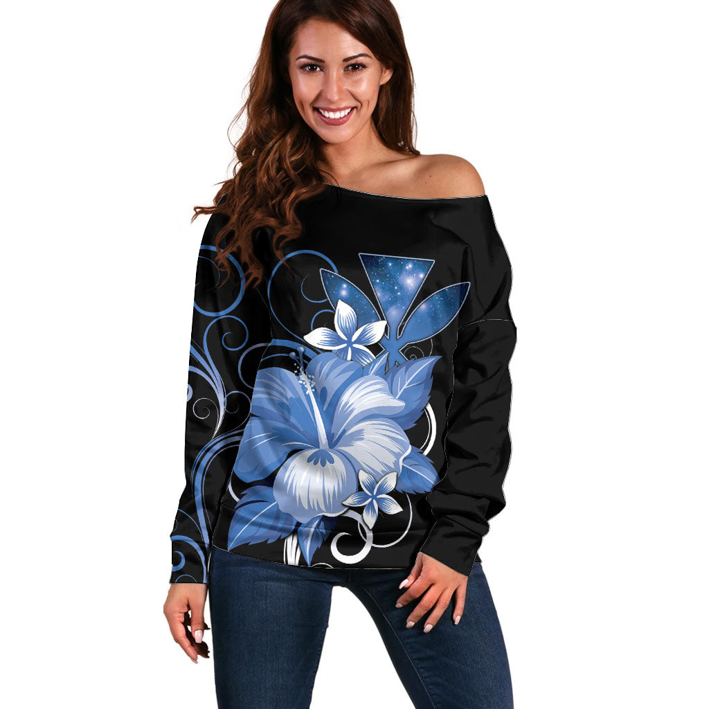 Hawaii Makahiki Kanaka Maoli Off Shoulder Sweater Blue Hibiscus Floral Vibes LT05 Women Blue - Polynesian Pride