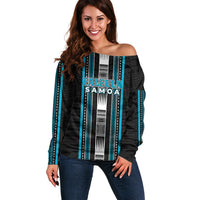Personalised Faleula Samoa Off Shoulder Sweater Samoan Tribal Pattern LT05 Women Blue - Polynesian Pride
