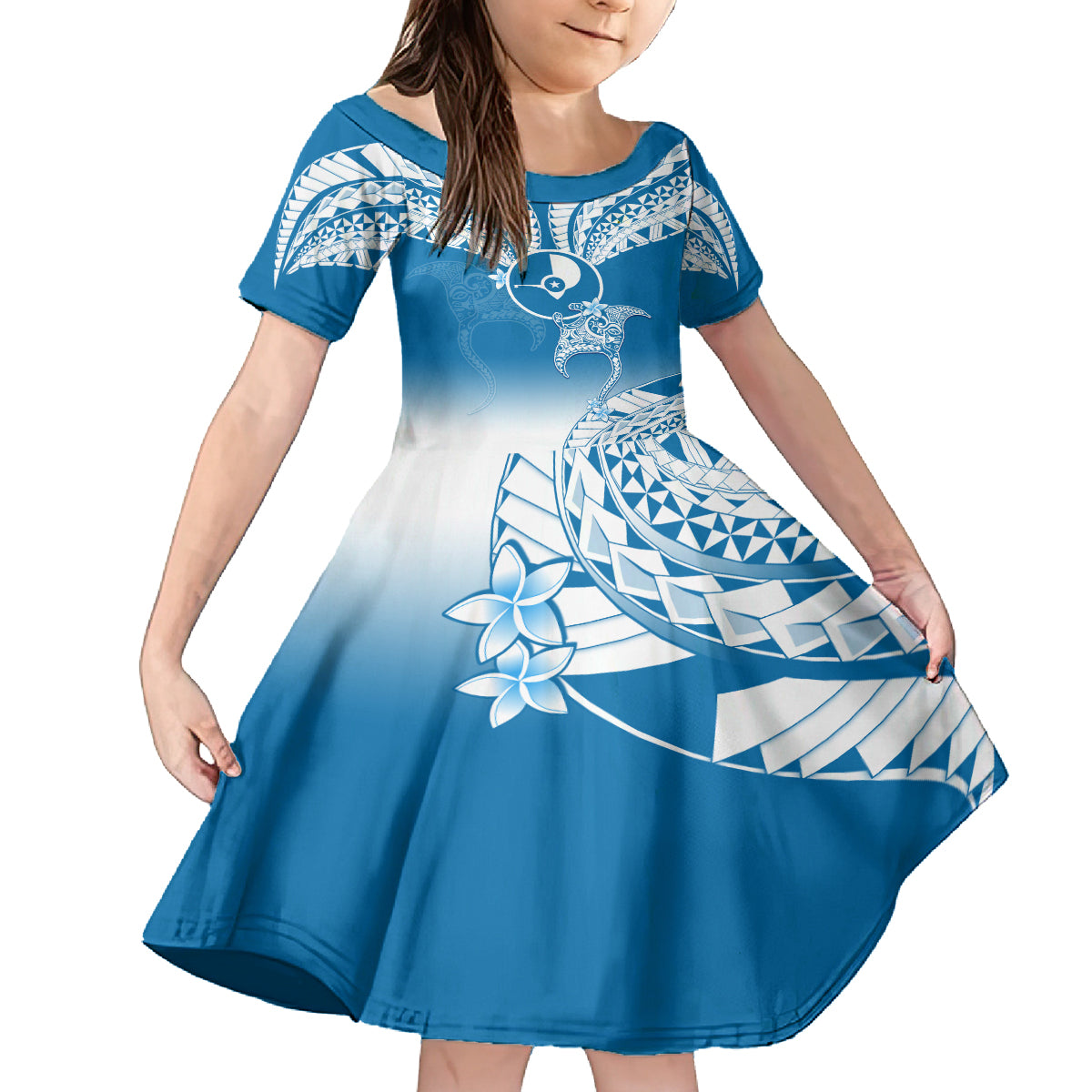 FSM Yap Constitution Day Family Matching Puletasi Dress and Hawaiian Shirt Polynesian Batoids LT05 Daughter's Dress Blue - Polynesian Pride