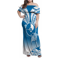 Personalised FSM Yap Constitution Day Family Matching Off Shoulder Maxi Dress and Hawaiian Shirt Polynesian Batoids LT05 Mom's Dress Blue - Polynesian Pride