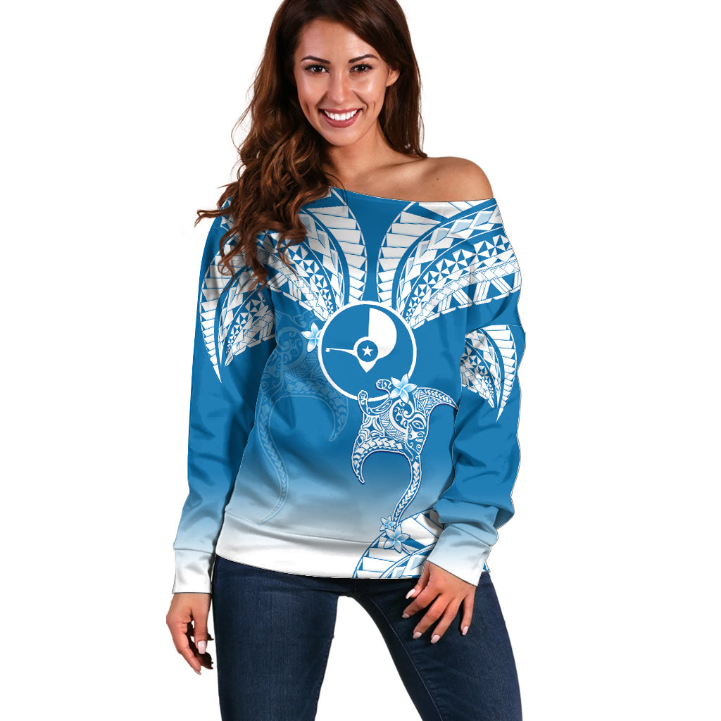 Personalised FSM Yap Constitution Day Off Shoulder Sweater Polynesian Batoids LT05 Women Blue - Polynesian Pride