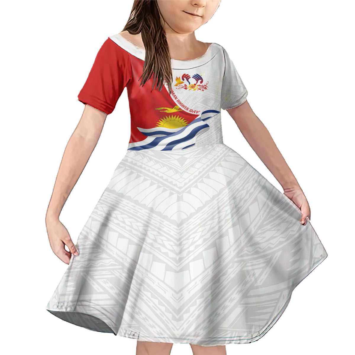 Personalised Kiribati Human Rights Day Family Matching Mermaid Dress and Hawaiian Shirt Polynesian Style LT05 Daughter's Dress White - Polynesian Pride