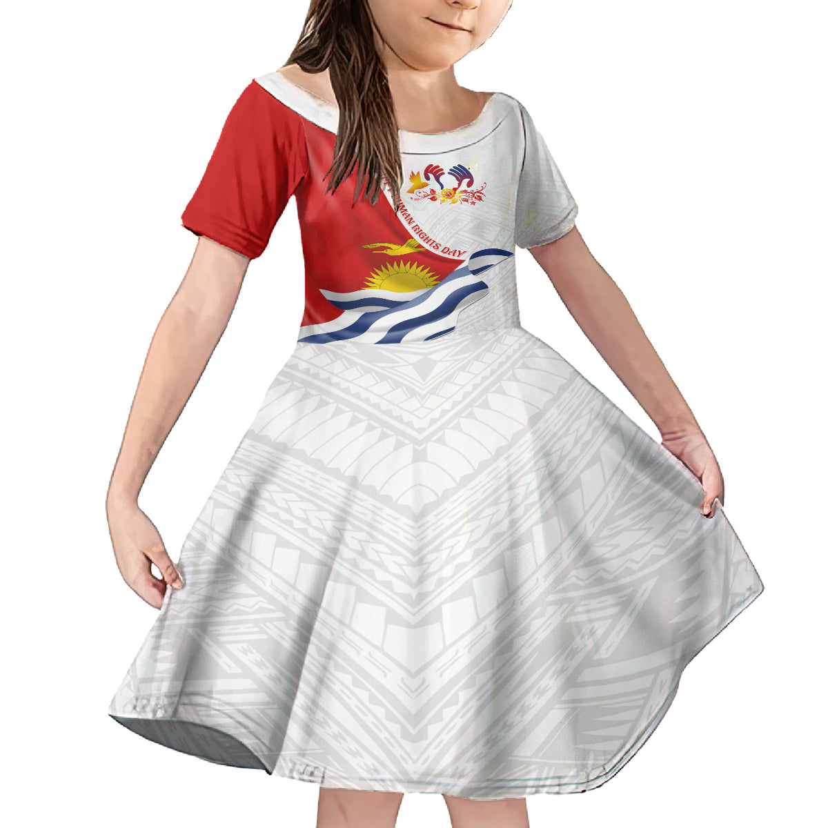 Personalised Kiribati Human Rights Day Family Matching Off Shoulder Short Dress and Hawaiian Shirt Polynesian Style LT05 Daughter's Dress White - Polynesian Pride
