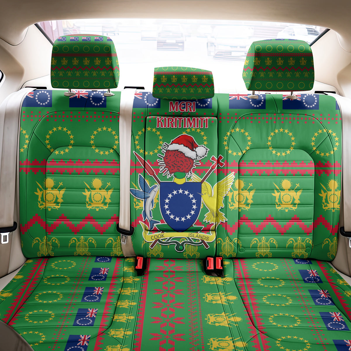 Cook Islands Christmas Back Car Seat Cover Santa Coat Of Arms Meri Kiritimiti LT05 - Polynesian Pride