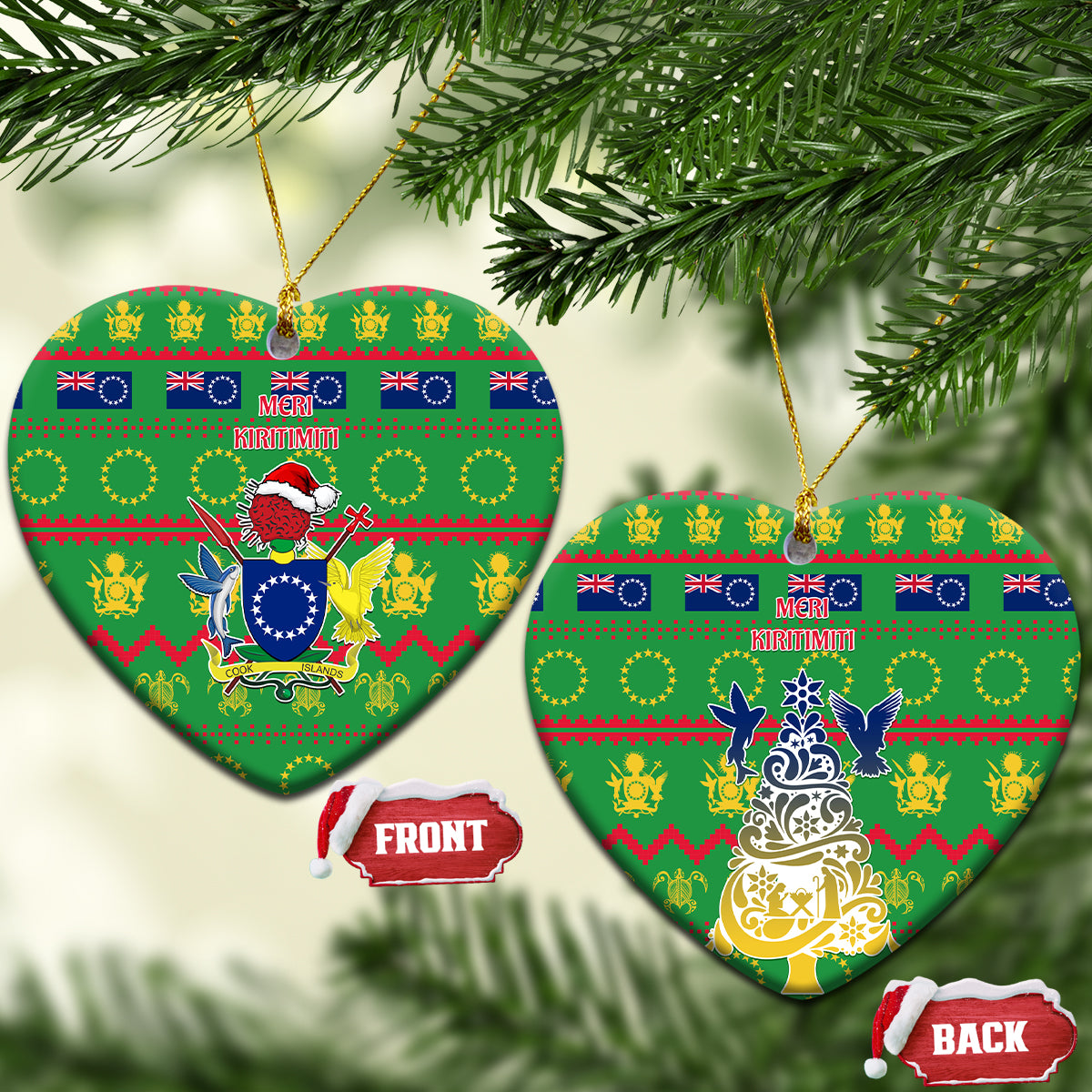 Personalised Cook Islands Christmas Ceramic Ornament Santa Coat Of Arms Meri Kiritimiti LT05 Heart Green - Polynesian Pride