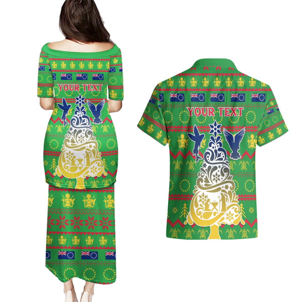 Personalised Cook Islands Christmas Couples Matching Puletasi Dress and Hawaiian Shirt Santa Coat Of Arms Meri Kiritimiti LT05 - Polynesian Pride