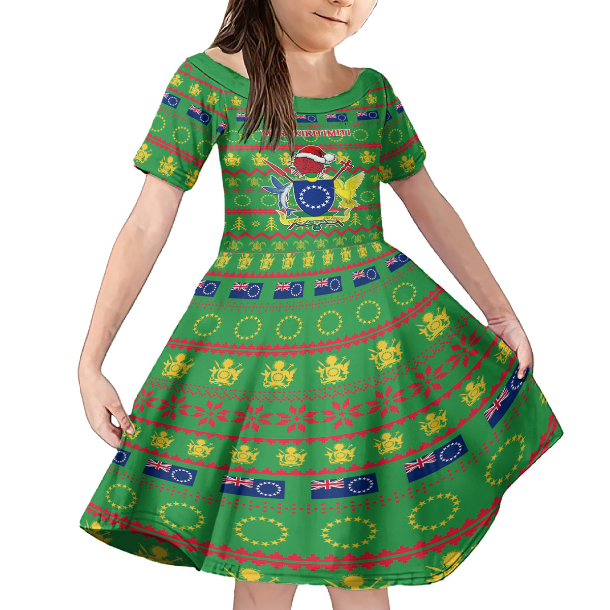 Personalised Cook Islands Christmas Family Matching Short Sleeve Bodycon Dress and Hawaiian Shirt Santa Coat Of Arms Meri Kiritimiti LT05 Daughter's Dress Green - Polynesian Pride