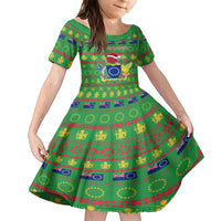 Personalised Cook Islands Christmas Family Matching Short Sleeve Bodycon Dress and Hawaiian Shirt Santa Coat Of Arms Meri Kiritimiti LT05 Daughter's Dress Green - Polynesian Pride