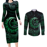 Personalised Polynesia Couples Matching Long Sleeve Bodycon Dress and Long Sleeve Button Shirt With Islam Crescent And Star LT05 Green - Polynesian Pride