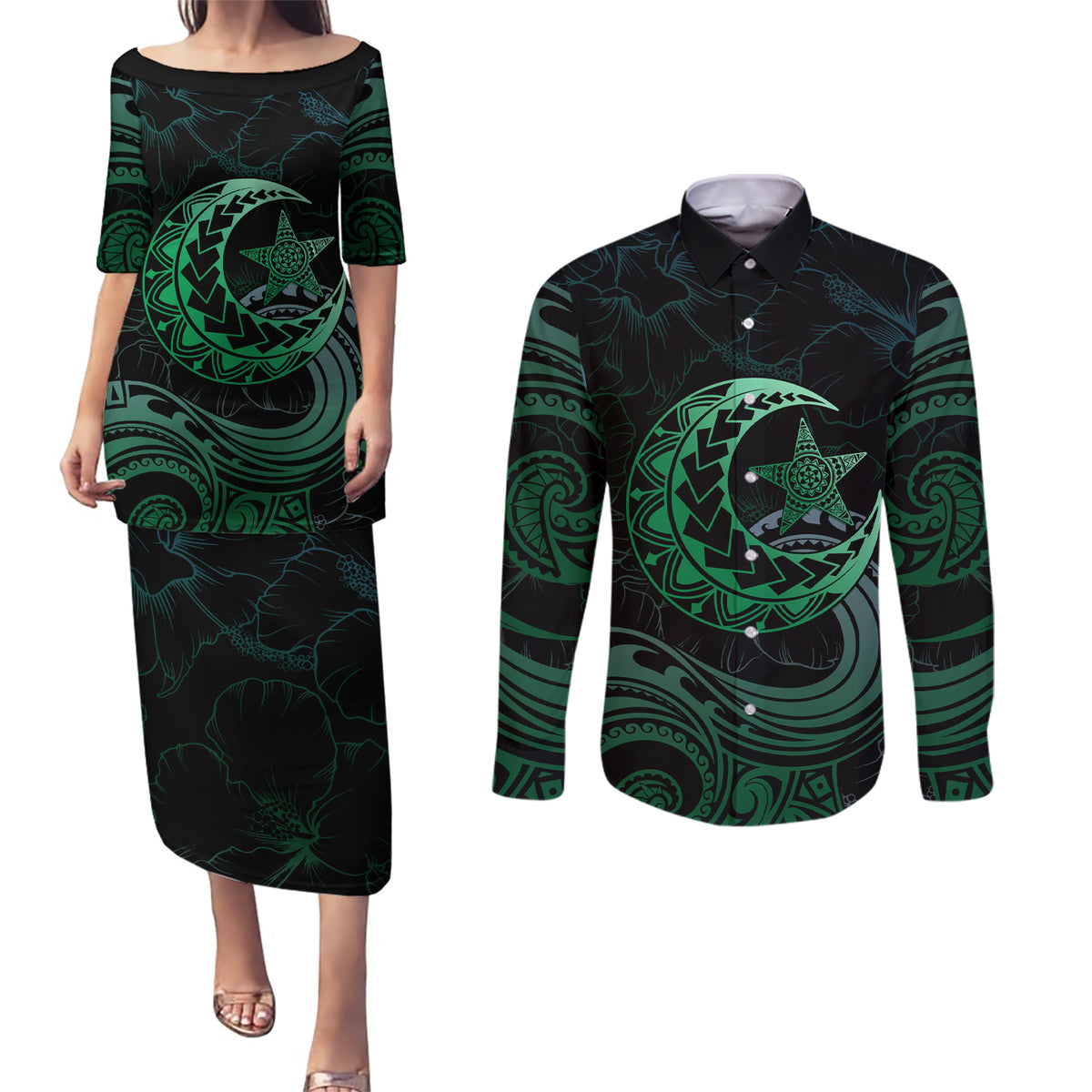 Personalised Polynesia Couples Matching Puletasi Dress and Long Sleeve Button Shirt With Islam Crescent And Star LT05 Green - Polynesian Pride