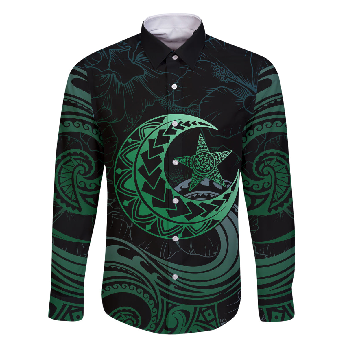 Personalised Polynesia Family Matching Tank Maxi Dress and Hawaiian Shirt With Islam Crescent And Star LT05 Dad's Shirt - Long Sleeve Green - Polynesian Pride