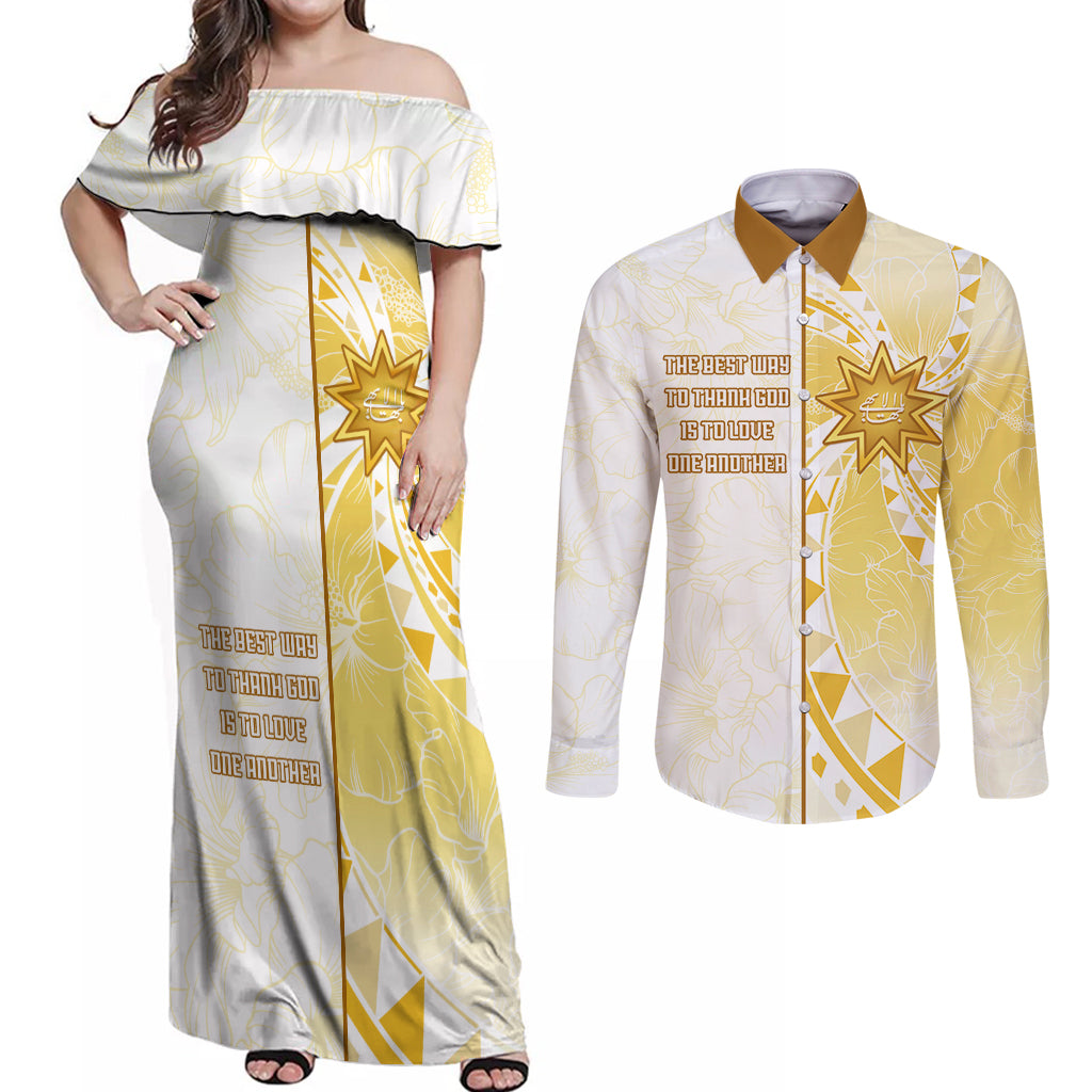 Personalised Polynesia Couples Matching Off Shoulder Maxi Dress and Long Sleeve Button Shirt Bahai Faith Symbol LT05 Yellow - Polynesian Pride