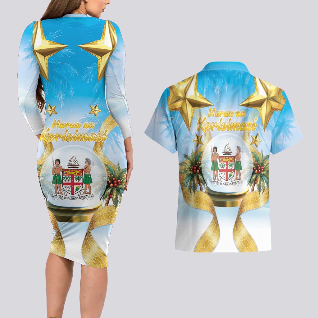 Fiji Christmas Couples Matching Long Sleeve Bodycon Dress and Hawaiian Shirt Snow Globe With Fijian Santa LT05 - Polynesian Pride