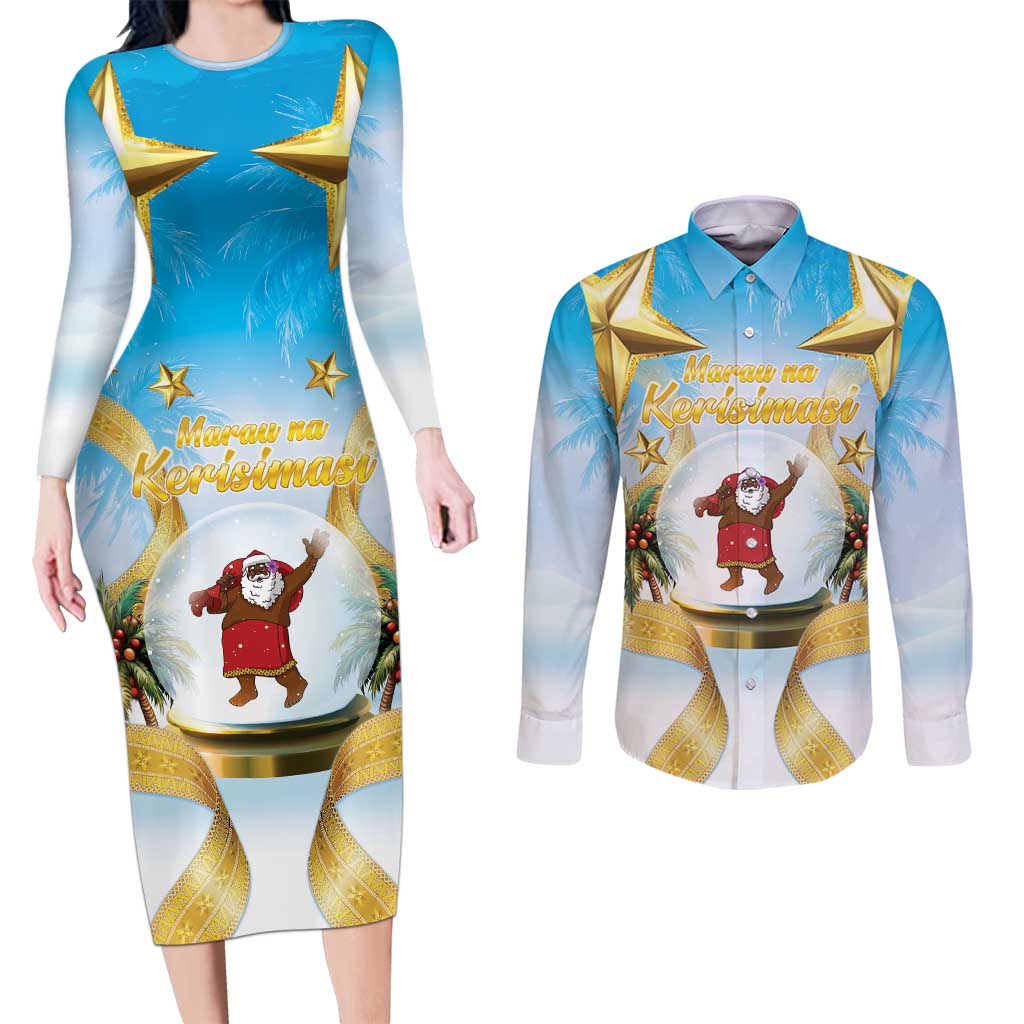 Fiji Christmas Couples Matching Long Sleeve Bodycon Dress and Long Sleeve Button Shirt Snow Globe With Fijian Santa LT05 - Polynesian Pride