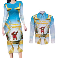 Fiji Christmas Couples Matching Long Sleeve Bodycon Dress and Long Sleeve Button Shirt Snow Globe With Fijian Santa LT05 - Polynesian Pride